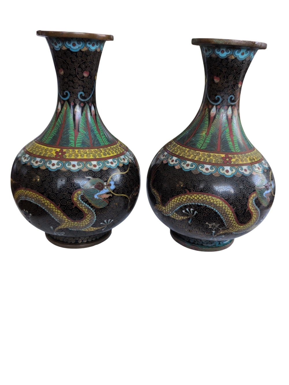 Vintage Cloisonne-Style Ceramic Vase Set Black & Multicolor